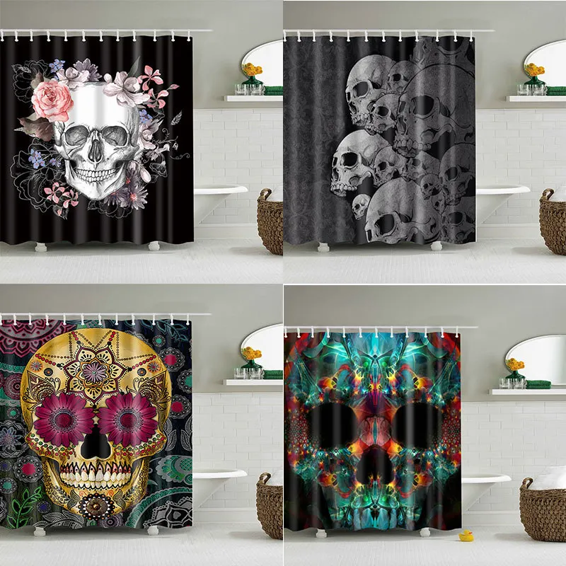Halloween Horror Skull Shower Curtain Set Waterproof Fabric Bathroom w//12 Hooks