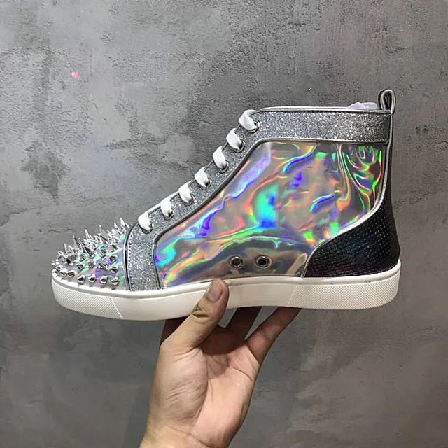 

2019 Men's Flats Shoes Laser Reflective Crystals Spikes High Top Casual Men's Shoes Shiny Lace Up Round Street Silver Shoes Male
