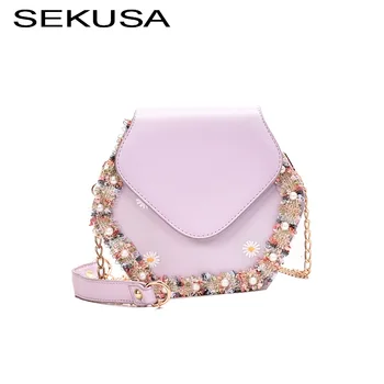 

SEKUSA Fashion PU beaded flower women bag shoulder chain new ladies evening bags small crossbody messenger