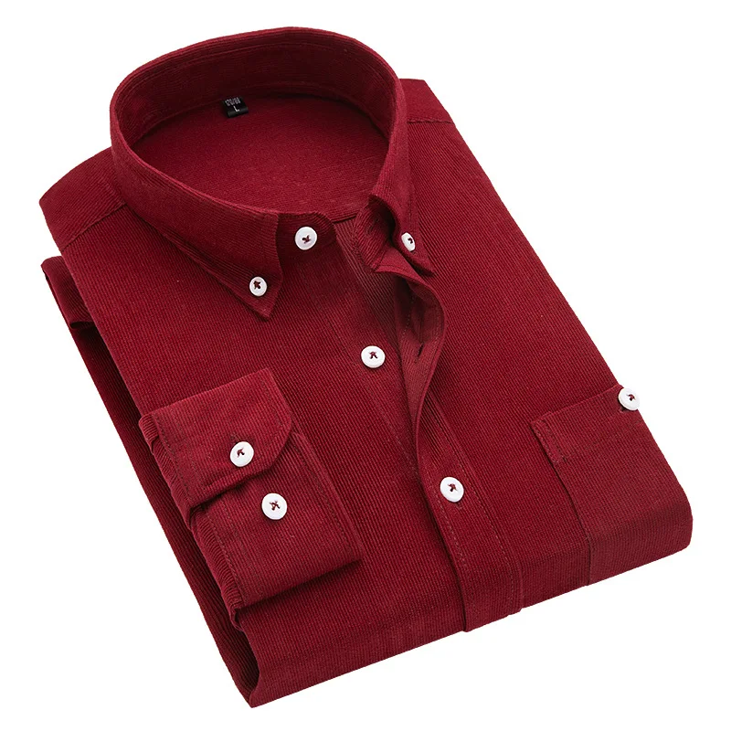

Flannel Casual Shirt Men Red New Style Slim Fit Men's Corduroy Base Long-Sleeve Shirt Solid Color Plus-sized Casual Shirt