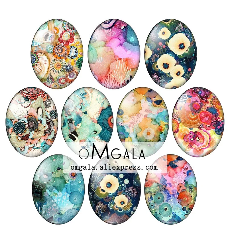 

Colorful Sea Flowers Texture Patterns 10pcs 13x18mm/18x25mm/30x40mm Oval photo glass cabochon demo flat back Making findings