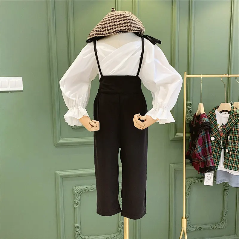 

Mihkalev kids clothes girls autumn clothing set for children long sleeve set suit white shirts+overalls girl fall outfits