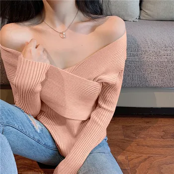 

Lucyever Winter Criss-cross V-neck Temperament Tops Mujer 2020 Slim Fit Candy Color Knitted Sweaters Full Sleeve Pullovers Women