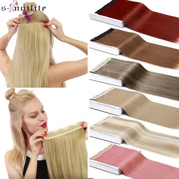 

SNOILITE 26'' Long Straight 5 Clips In One Piece Hair Extension Synthetic Clips In High Temperature Fiber Black Brown Hairpiece