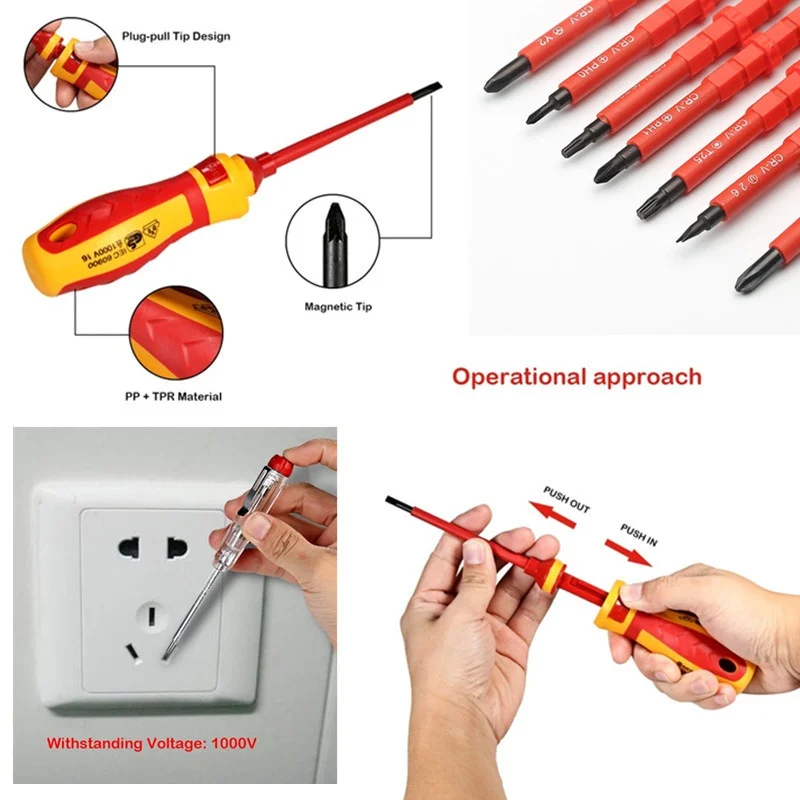 Juego de destornilladores aislados intercambiables, herramientas de reparación de brocas ranuradas magnéticas, 1 unidad/15 piezas 380V/13 piezas 1000V