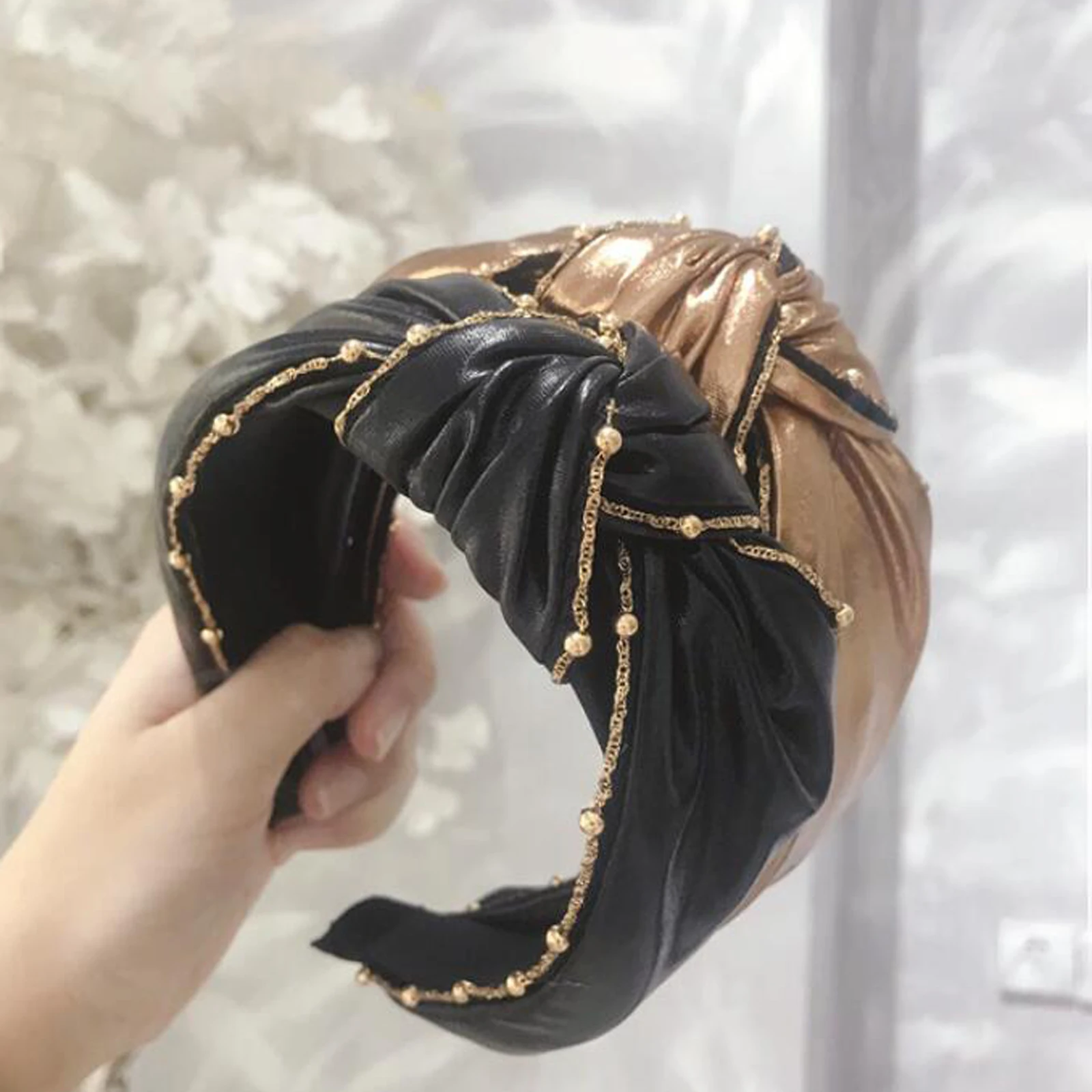 Новая мода осень Hairband Женская повязка на голову из искусственной кожи Золотой Сплав инкрустация мягкие высококачественные волосы обруч широкая сторона аксессуары для волос