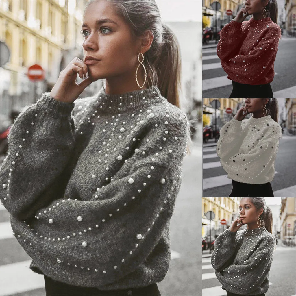 Suéter Casual de manga larga para mujer, jersey de poliéster con cuello alto y manga larga gruesa con perlas de Color puro para invierno