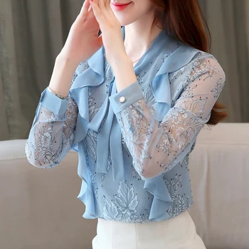 

2019 New Autumn Fashion Women Shirts Full Sleeve Chiffon Lace Super Brim Blouse Shirt Light Purple Blue And Grey 3132