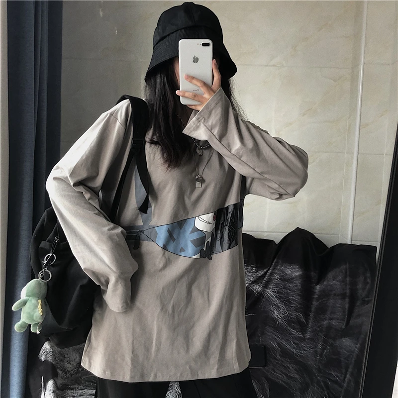 Ulzzang, женская футболка, Корейская одежда, Harajuku, Kawaii, готический аниме, футболка с длинными рукавами, топы, уличная одежда, Femme, графическая футболка