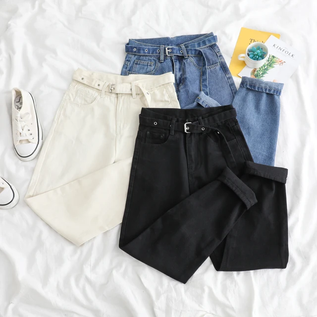 US $12.68 Korean Straight Jeans Women Low Waist Denim Trousers Large Pocket Black Denim Pants Vintage with Be