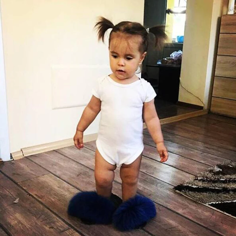 

New Fashion Kids Real Fox Fur Slippers Fluffy Raccoon Fur Slides Plush Furry Baby Girl Toddler Fur Flip Flops Children Sandals