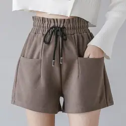 Сезон осень-зима; короткие штаны Шерсть "твид" шорты Для женщин 2019 пикантные Шорты С Высокой Талией Модные большого размера, расклешенные