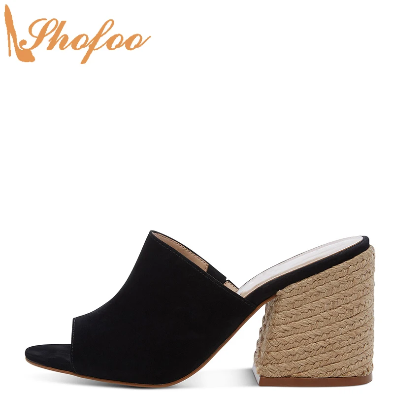 

Black High Chunky Heels Mules Solid Women Outside Slippers Slip On Large Size 12 15 Ladies Fashion Open Toe Mature Shoes Shofoo