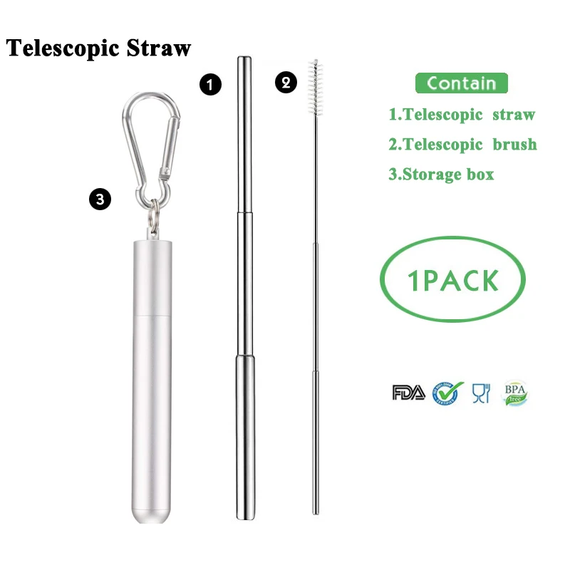 T-straw Телескопическая металлическая соломенная Складная многоразовая солома портативная соломка из нержавеющей стали с чехлом и щеткой для путешествий на открытом воздухе - Цвет: T-straw