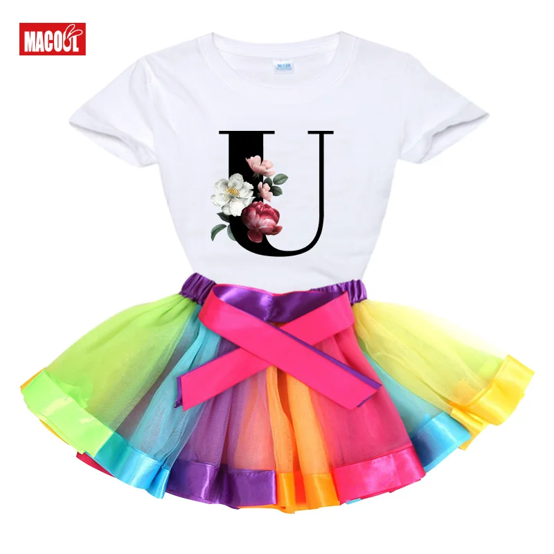 Girls Clothes Sets 2pcs Kids Set for Girl Custom Name Letter A E D M Flowers Tshirt+tutu Dress Fashion Summer Clothing Birthday