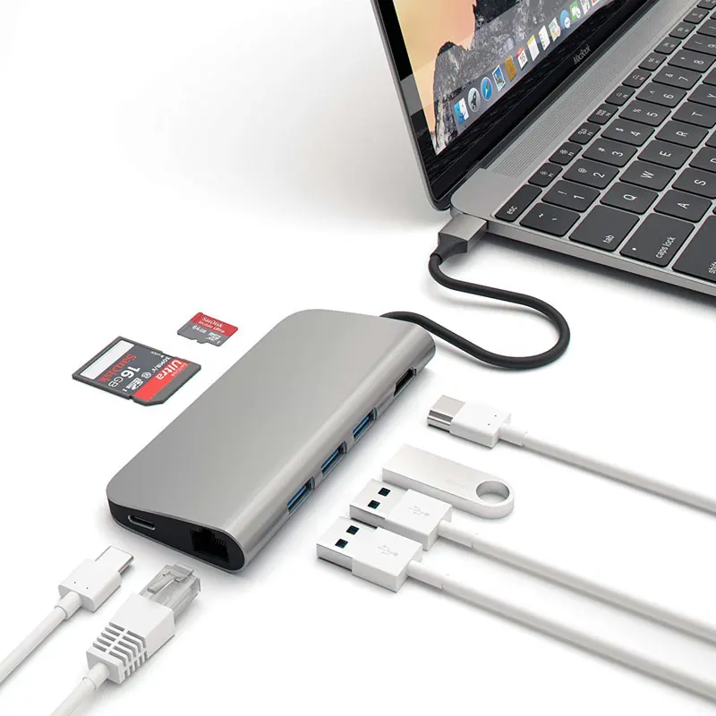 Mosible USB C концентратор к HDMI Rj45 Thunderbolt 3 адаптер для MacBook/Air type-C с PD кардридер слот USB 3,0