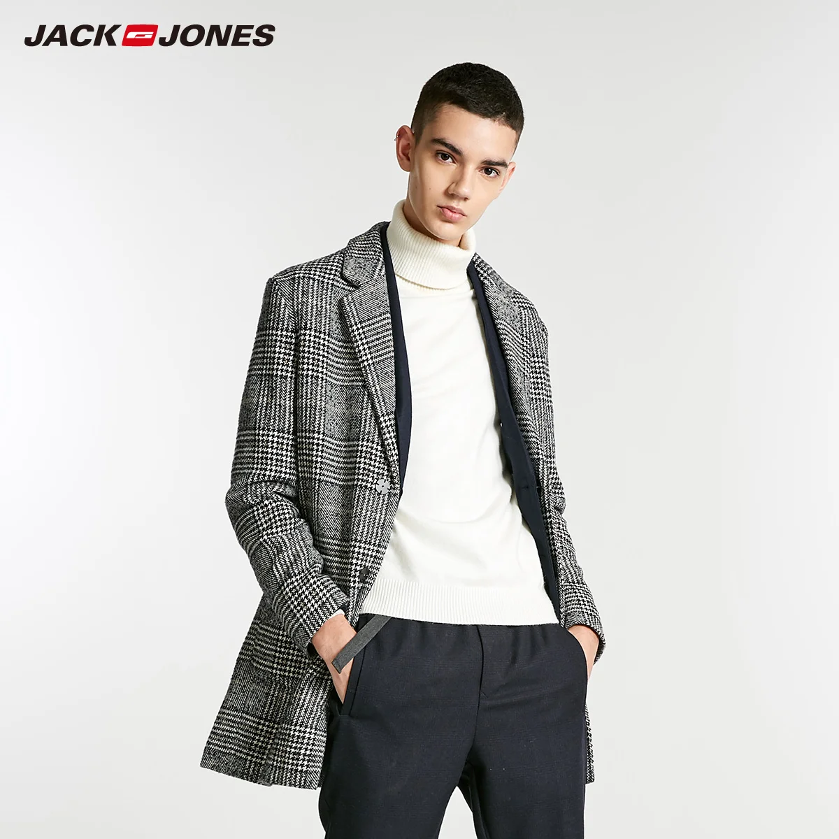 JackJones зимнее мужское шерстяное пальто средней длины в клетку с узором «гусиная лапка» | 218427517