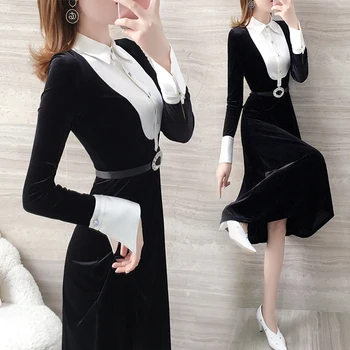 

Golden Velvet Dress For Women Patchwork Ladies Dresses Sashes Korean Dress Office Lady Vestidos De Fiesta De Noche Robe Femme