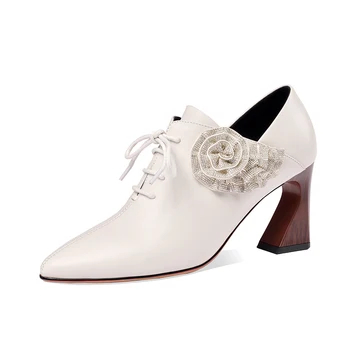 

New Women High Heels Wedding Pumps Spring Summer poined Toe Shoes Elegant Genuine Leather Brand Shoes Woman