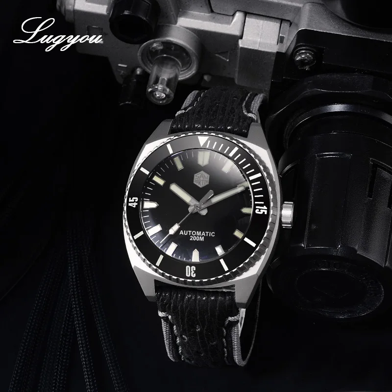 Lugyou San Martin Diver Мужские часы титан 5 класса куполообразный Сапфир Автоматический Швейцарский ETA2824 Акула Кожаный ремешок Супер светящийся черный - Цвет: Without date
