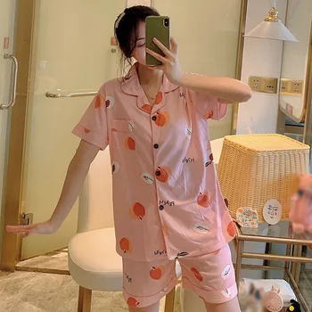 

Women's Pajamas Set Summer Female Fashion Short Sleeve Turn Down Collar Cardigan Tops With Shorts Suits