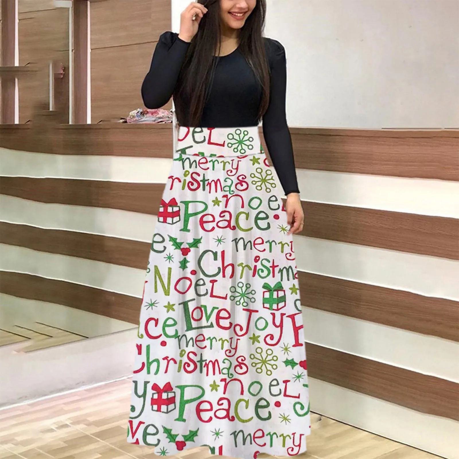 new Christmas Dresses Women Fashion Vintage Print Long Sleeve O-neck Loose High Waist Wedding Holiday Party Splice Maxi Dresses 2