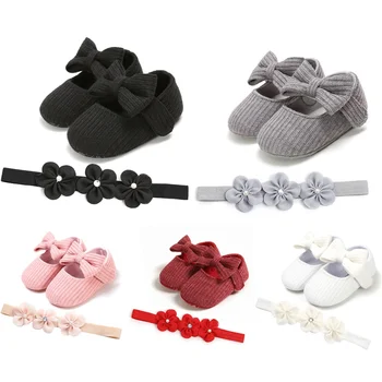 

First Walkers Elastic Band Flower Headwear Headband Set Baby Girl Infants Bowknot Princess Shoes Anti-slip Soft Sole Crib Shoes/