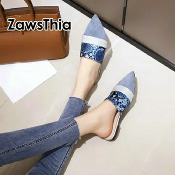 

ZawsThia size 32-48 snakeskin print patchwork cover pointed slip-on womens shoes sexy woman flats slippers mules outdoor slides