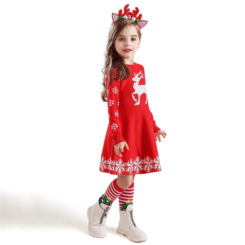 Осенне-зимнее плотное платье для маленьких девочек От 2 до 10 лет теплое платье для детей платье принцессы с оленем для малышей платье для маленьких девочек Рождественский принт с животными