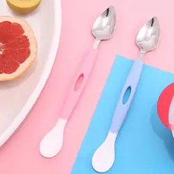 1 Set Scraping Spoon Double-headed Serrated Edge PP Handle Stainless Steel Fruit Feeding Spoon for Dessert