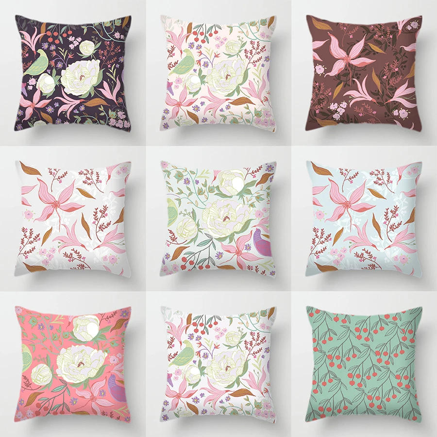 

Double-sided Printing Polyester Cushion Cover Home Decor European Flower Plant Birds Pink Green Decorative Pillows Case for Sofa