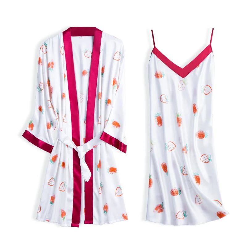 

New simulation silks ladies sleepwear new product summer silk sling+robe nightgown two-piece set