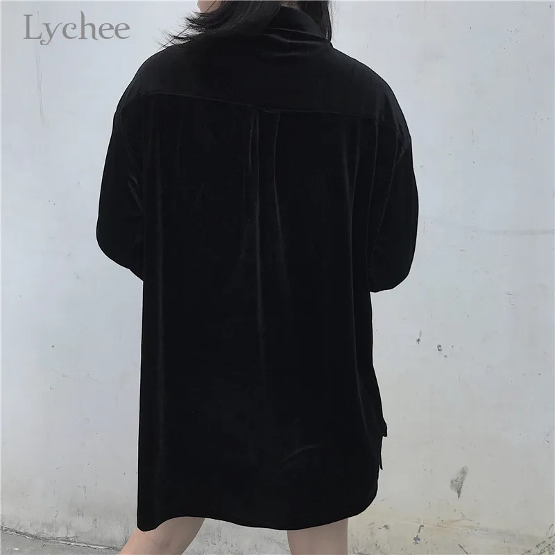 Lychee harajuku, темная однотонная женская бархатная рубашка, топ, повседневная, свободная, на пуговицах, женские блузки, весна, осень, зима, женские Рубашки, Топы