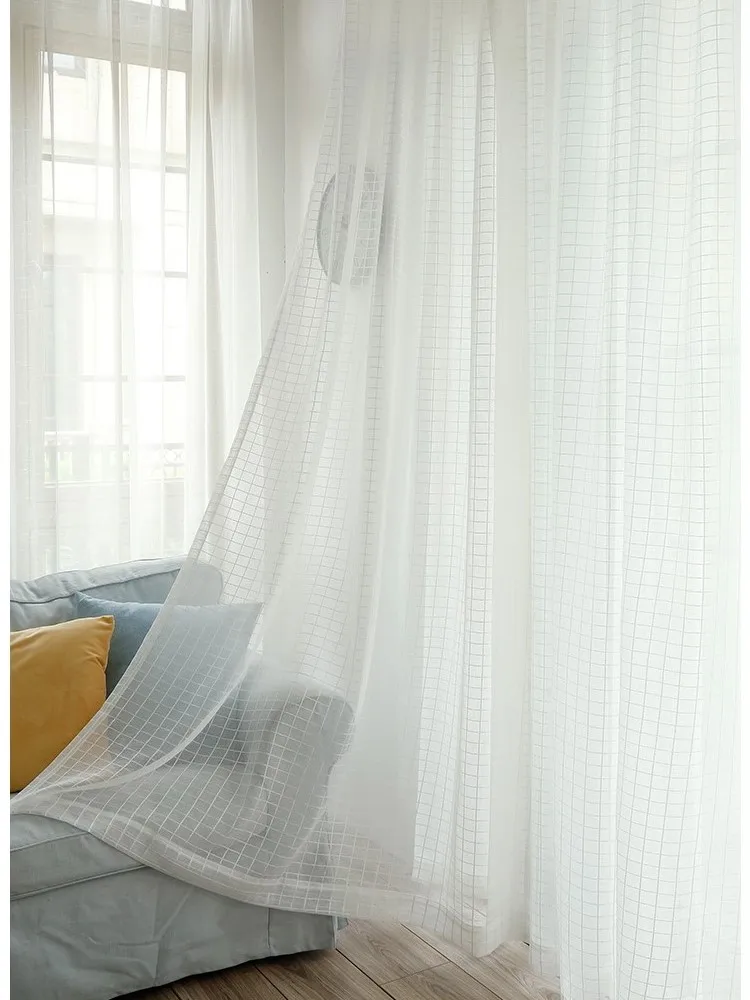 Simple lattice curtain gauze European style curtain window screen bedroom curtain gauze balcony living room bay window curtains