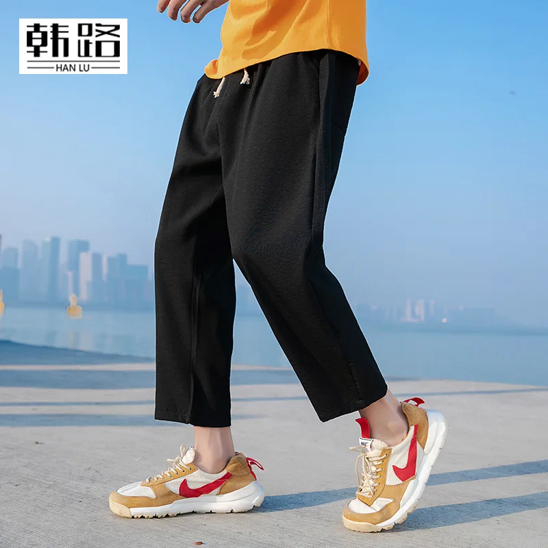 

Han Road Men'S Wear 2019 Summer New Style Drawstring MEN'S Casual Pants Solid Color Loose Straight Simple Capri Pants Sub-