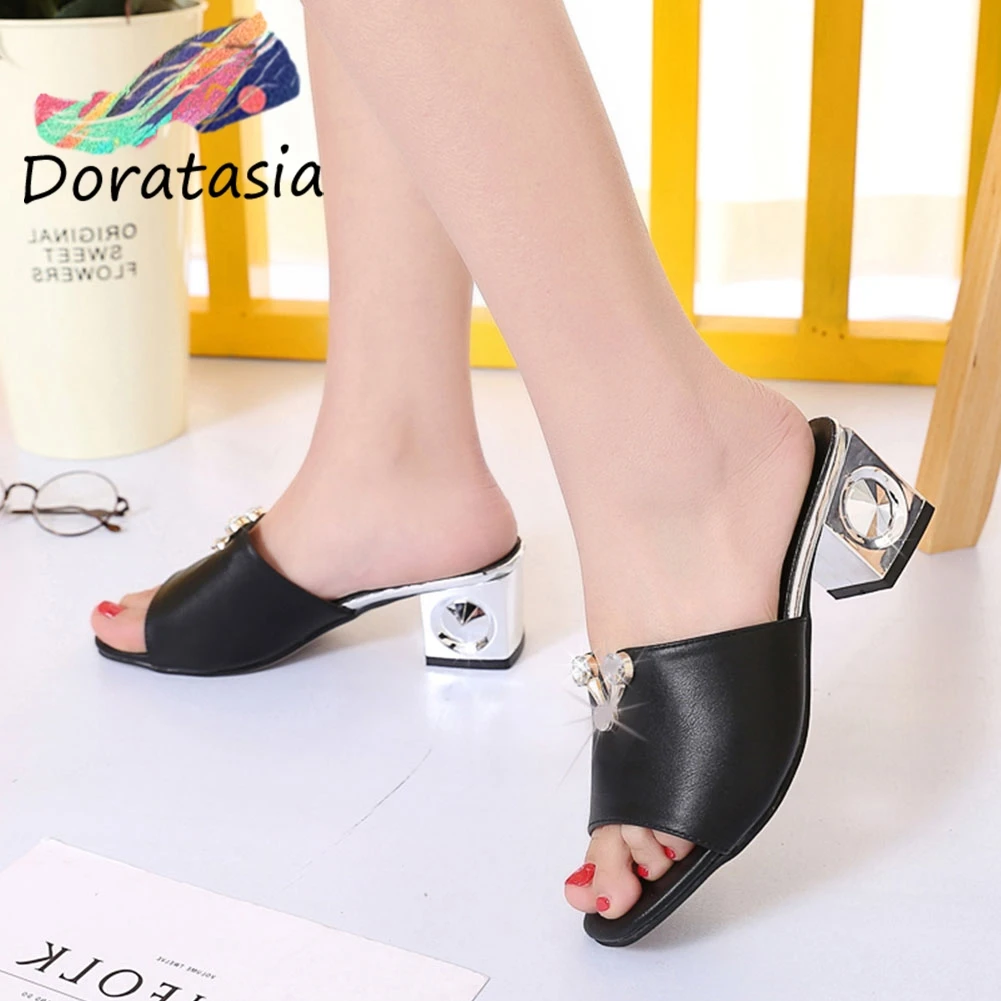 

DORATASIA fashion crysatl slip on summer slippers outdoor black casual high heel slippers women flip flop consise shoes woman