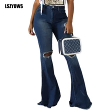 Autumn Fashion Ripped Jeans Women Stretchy High Waist Denim Pant Wide Leg Trousers Ladies Casual Vintage Bell-Bottom Flare Pants