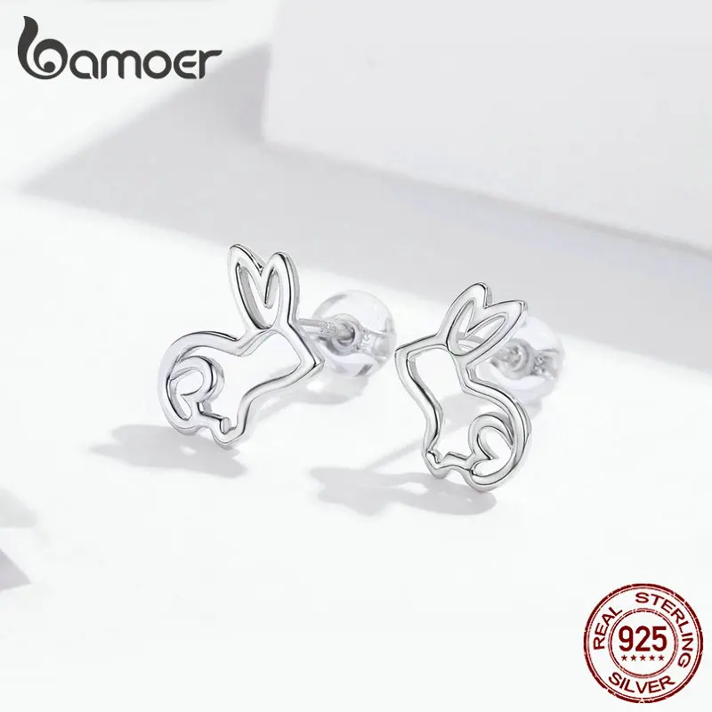 Bamoer Sketch Rabbit Bunny серьги-гвоздики для женщин, 925 серебряные серьги-гвоздики, ювелирные изделия, подарки для девушек, модные ювелирные изделия, новинка, SCE698