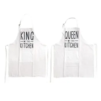 

2PCS Simple Stylish Couple Aprons Letter Printing Cotton Kitchen Cooking Aprons King Of Kitchen Queen Of Kitchen Apron A35