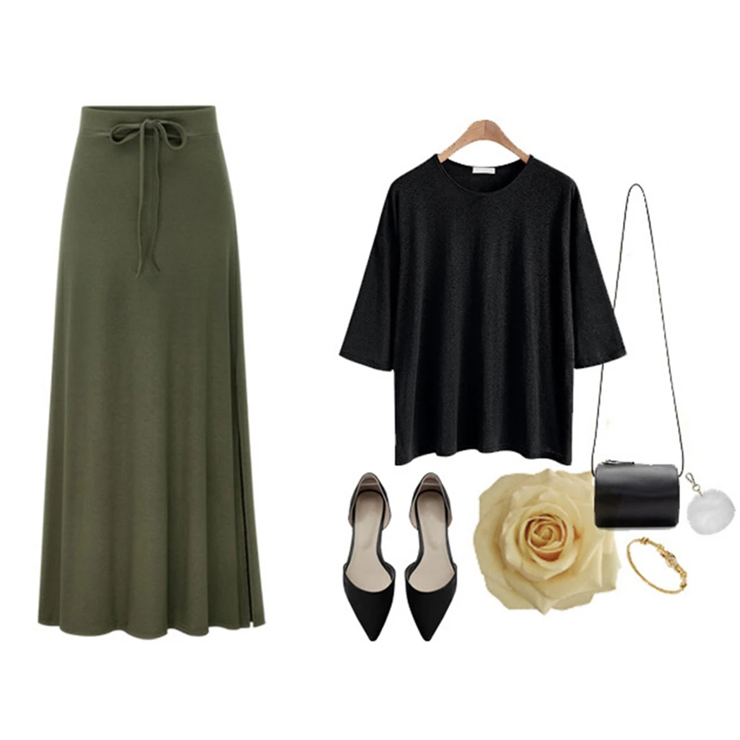 Plus Size Women Skirts Autumn Spring Elastic Waist Ankle-Length Skirt Casual Drawstring Solid Slit Loose Long Skirts Jupe Femme