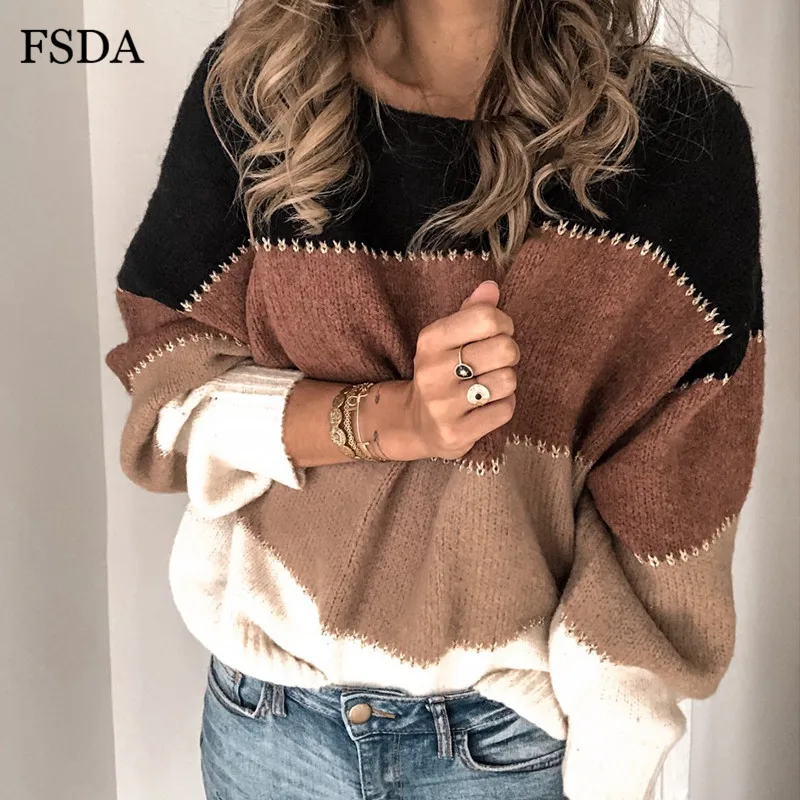 Black Brown FSDA вязаный свитер в полоску с круглым вырезом для женщин, свободный осенне-зимний женский пуловер, теплый повседневный элегантный джемпер, свитера в стиле пэчворк - Цвет: Black Brown