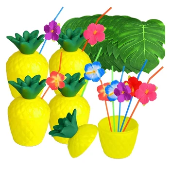

Pineapple Cups for Hawaiian Luau Party with Hibiscus Flower Straws and Tropical Plam Leaves Party Beach Theme Party