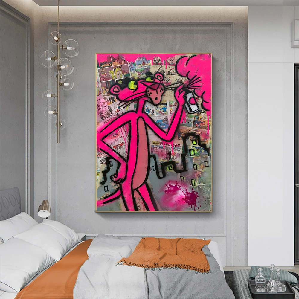 Graffitti Street Art Canvas Posters and Prints Pink Leopard Animal Pop Cartoon Painting on The Wall Spray Can Picture Home Decor