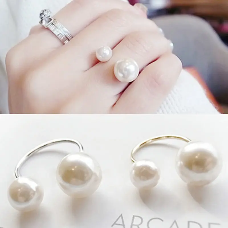 

Korean hot sale gold silver pearl ring jewelry Elegant lady style U-shaped size double pearl opening adjustable ring for women