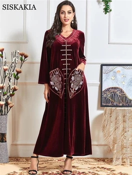 

Siskakia Velvet Embroidery Maxi Dress for Women Winter 2020 Plus Size V Neck Long Sleeve Muslim Arabic Turkey Ethnic Clothes