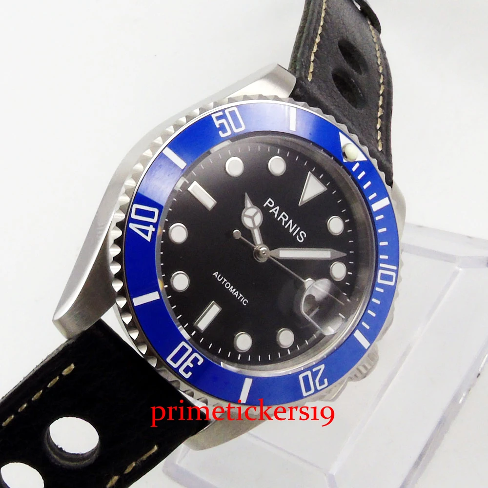 

PARNIS 40mm blue bezel black dial date indicator with magnifier fashion leather strap automatic men's watch