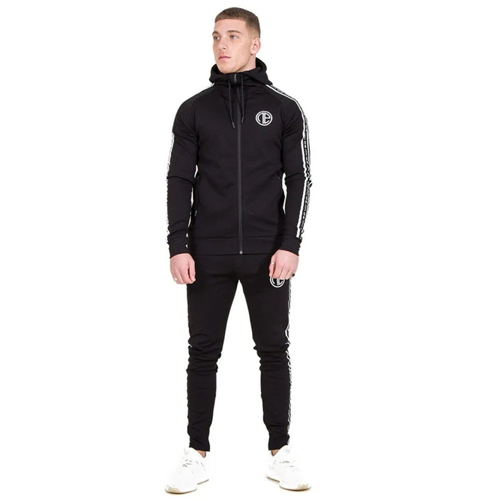Black (Sets) Повседневный Спортивный костюм для тренажерного зала, спортивный костюм для фитнеса, толстовка с капюшоном и штаны, комплект из 2 предметов, Мужская толстовка для бега, спортивные штаны, мужские хлопковые топы и брюки - Цвет: Black (Sets)