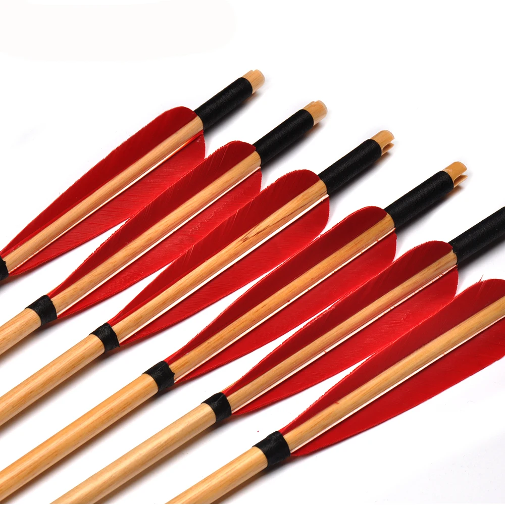 

6/12/24pcs Spine 500 Red Turkey Feather 30 inchWooden Arrow White Pine Arrow Shafts For Bow Archery Shooting