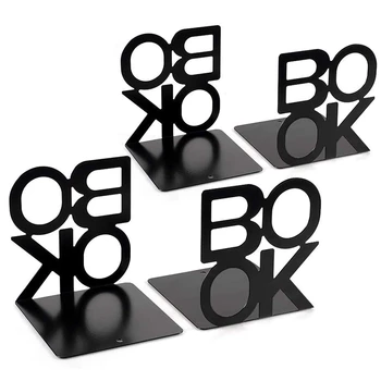 

2 Pairs Metal Bookends Book Ends Letter Pattern Book Ends for Shelves Office Decorative, Nonskid Book Stopper for Books