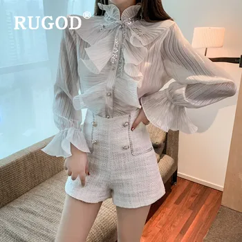 

RUGOD Elegant Ruffle Sequin Stain Blouse Bow-knot Shirt Sheer Top Tunika For Women Blouses Long Sleeve Korean Fashion Clothing